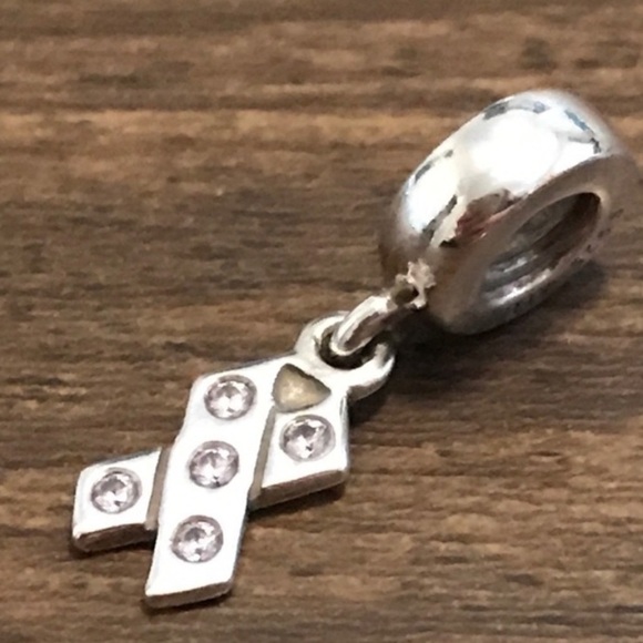 Pandora Pink CZ Breast Cancer Awareness Ribbon Retired Dangle Bead Charm - Picture 2 of 4